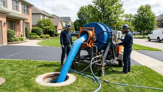 Trenchless pipe lining CIPP equipment restoring residential underground sewer line